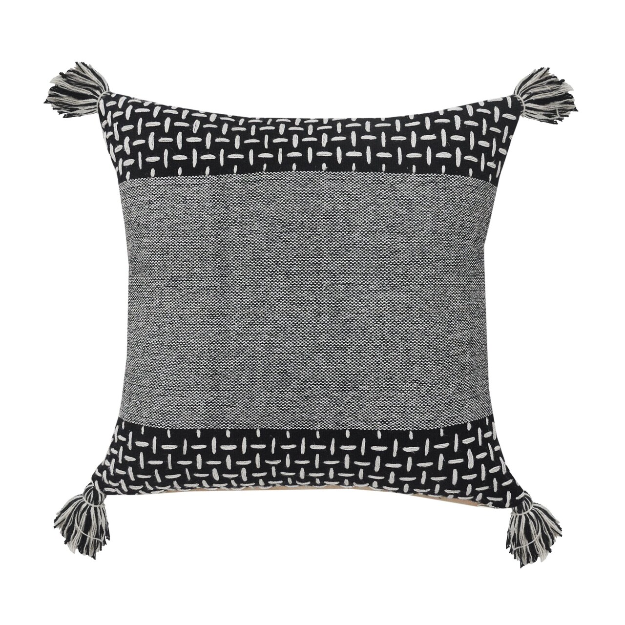 Laddha Home Designs 20" Black and White Interwoven Dash Geometric Square Throw Pillow with Tassels